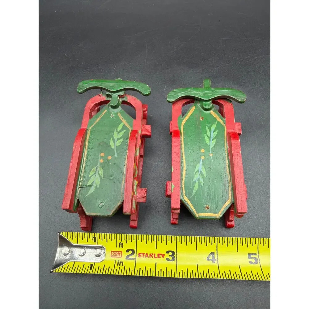 Vintage Miniature Wood Sled Christmas Ornaments Pair Hand Painted Red Green 4”